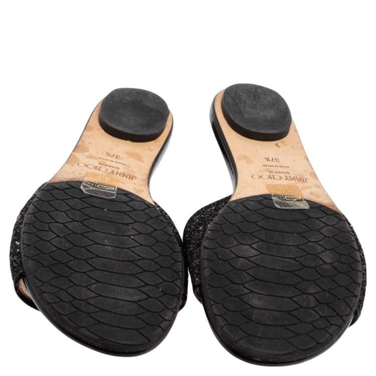 Pre Owned Jimmy Choo Metallic Black Glitter Nanda Flat Slides Size 37.5