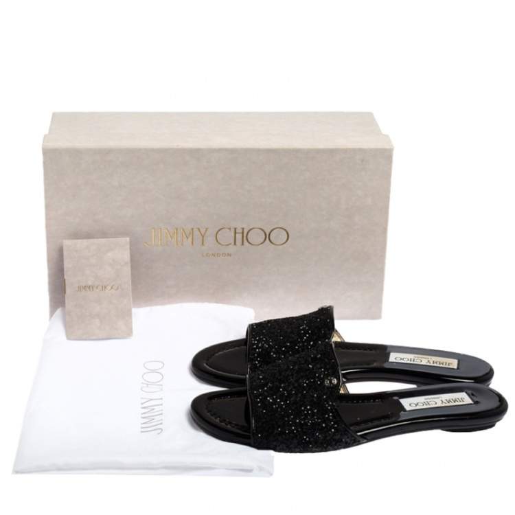 Pre Owned Jimmy Choo Metallic Black Glitter Nanda Flat Slides Size 37.5