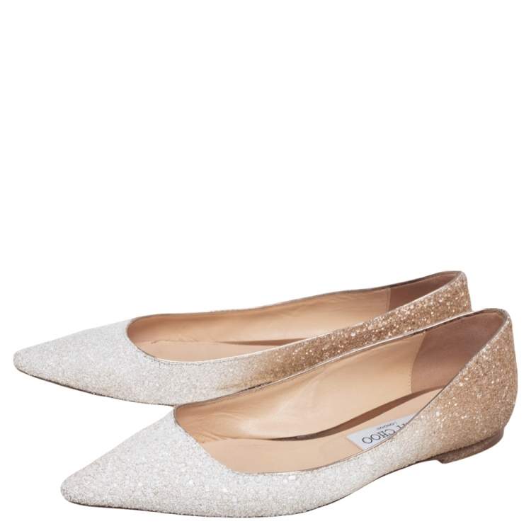 Pre Owned Jimmy Choo White/Brown Ombre Glitter Romy Pointed Toe Ballet Flats Size 39