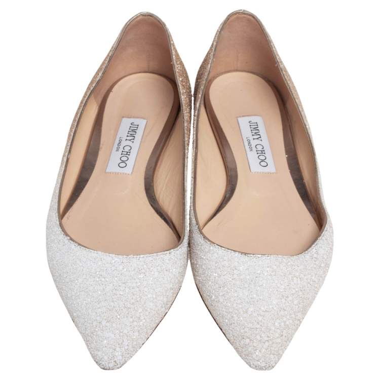 Pre Owned Jimmy Choo White/Brown Ombre Glitter Romy Pointed Toe Ballet Flats Size 39