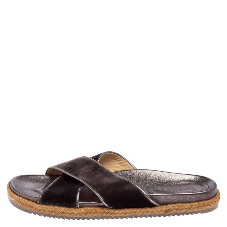 Pre Owned Jimmy Choo Dark Grey Velvet Crisscross Espadrille Flats Size 40