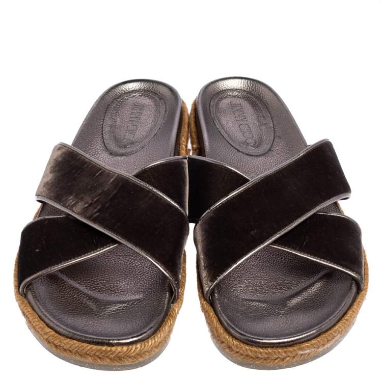 Pre Owned Jimmy Choo Dark Grey Velvet Crisscross Espadrille Flats Size 40