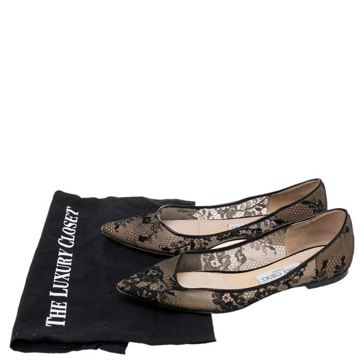 Pre Owned Jimmy Choo Black/Beige Mesh And Lace Romy Pointed Ballerina Size 37