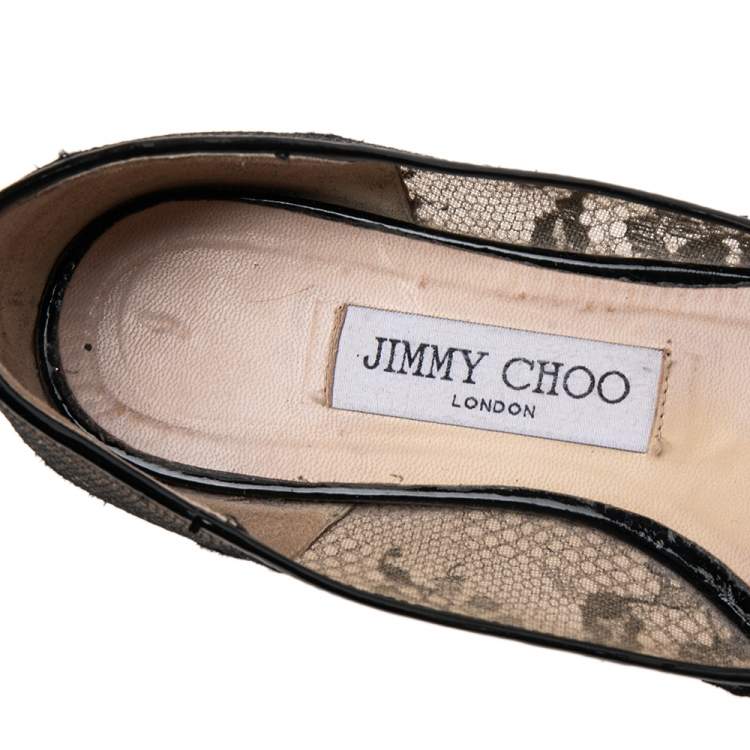 Pre Owned Jimmy Choo Black/Beige Mesh And Lace Romy Pointed Ballerina Size 37