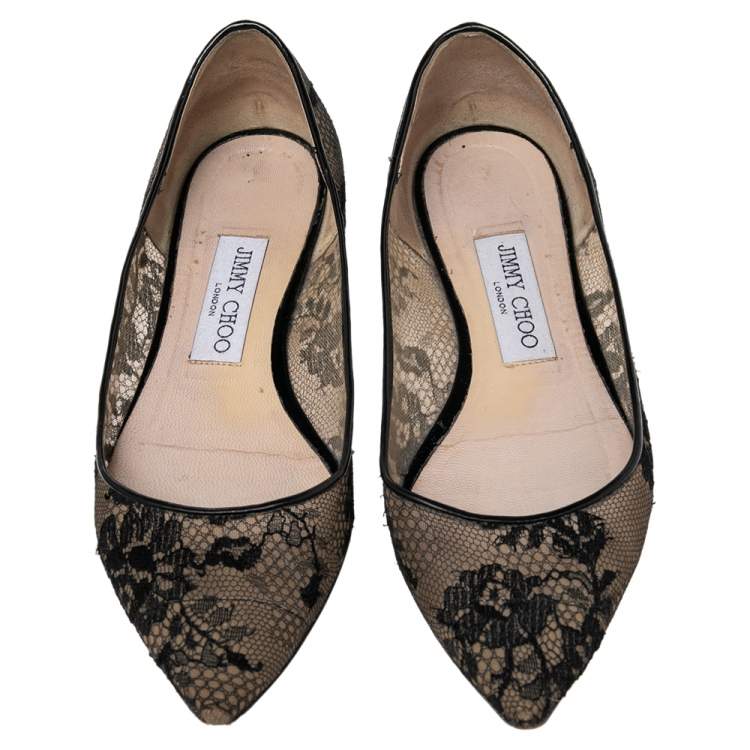 Pre Owned Jimmy Choo Black/Beige Mesh And Lace Romy Pointed Ballerina Size 37