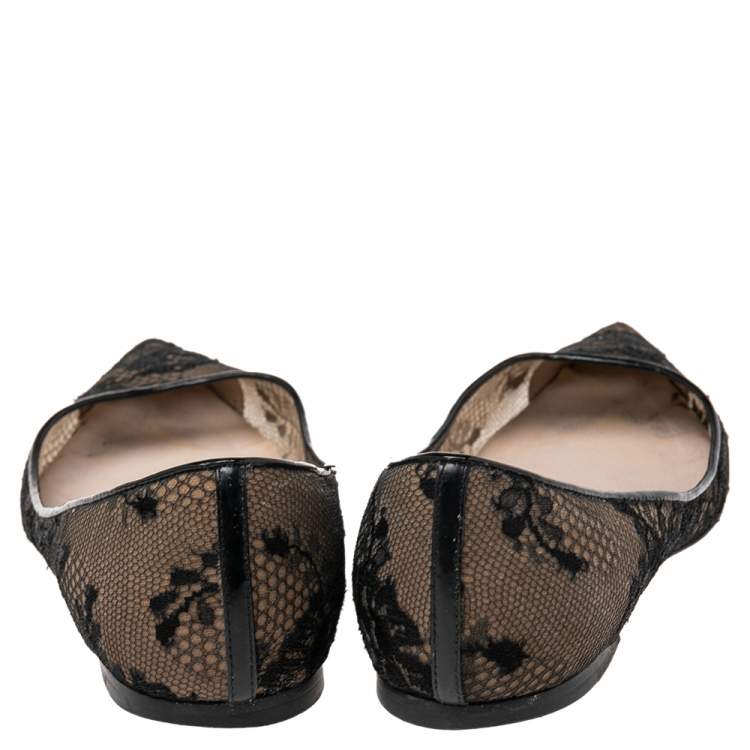 Pre Owned Jimmy Choo Black/Beige Mesh And Lace Romy Pointed Ballerina Size 37