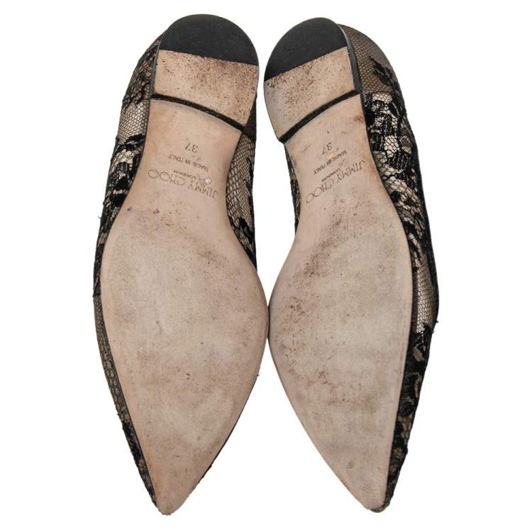 Pre Owned Jimmy Choo Black/Beige Mesh And Lace Romy Pointed Ballerina Size 37