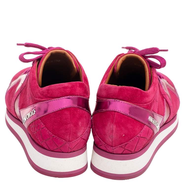 Pre Owned Jimmy Choo Fuchsia Suede and Leather Low Top Sneakers Size 38.5