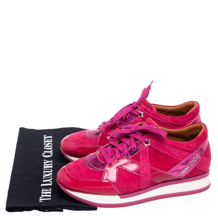 Pre Owned Jimmy Choo Fuchsia Suede and Leather Low Top Sneakers Size 38.5