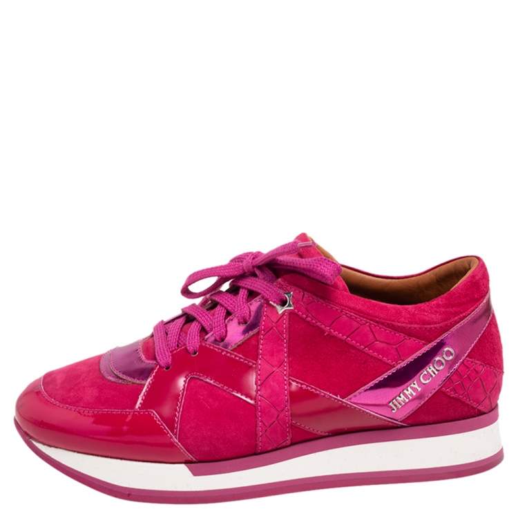 Pre Owned Jimmy Choo Fuchsia Suede and Leather Low Top Sneakers Size 38.5