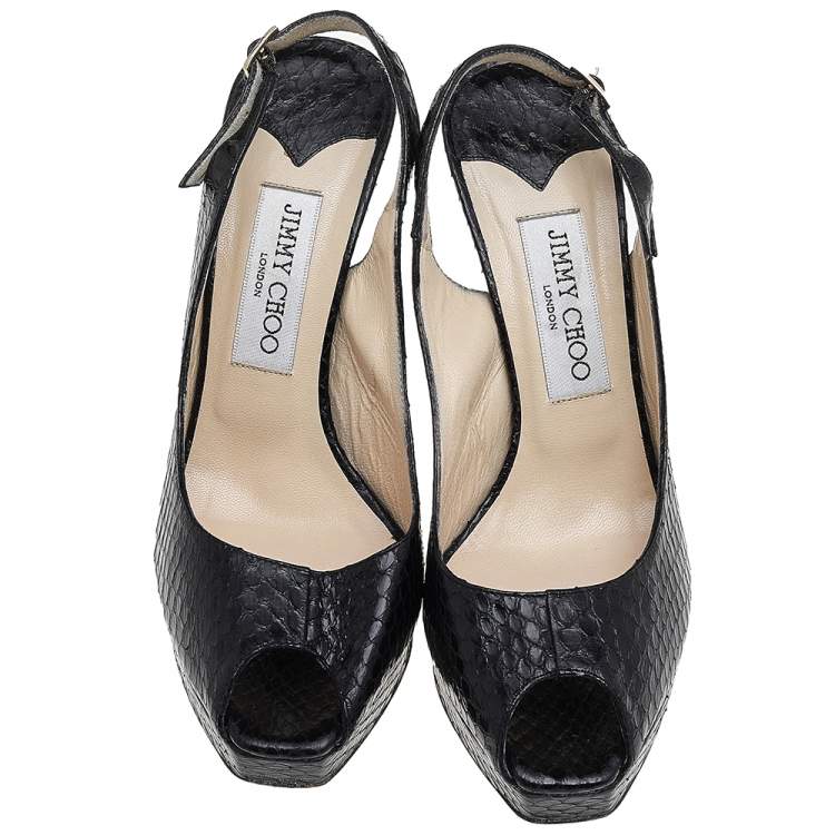 Pre Owned Jimmy Choo Black Snakeskin Elazer Slingback Sandals Size 37.5