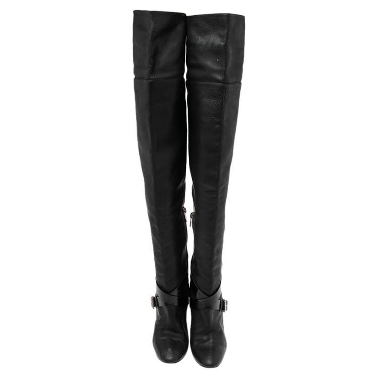 Pre Owned Jimmy Choo Black Leather Knee Length Pointed Toe Boots Size 38.5