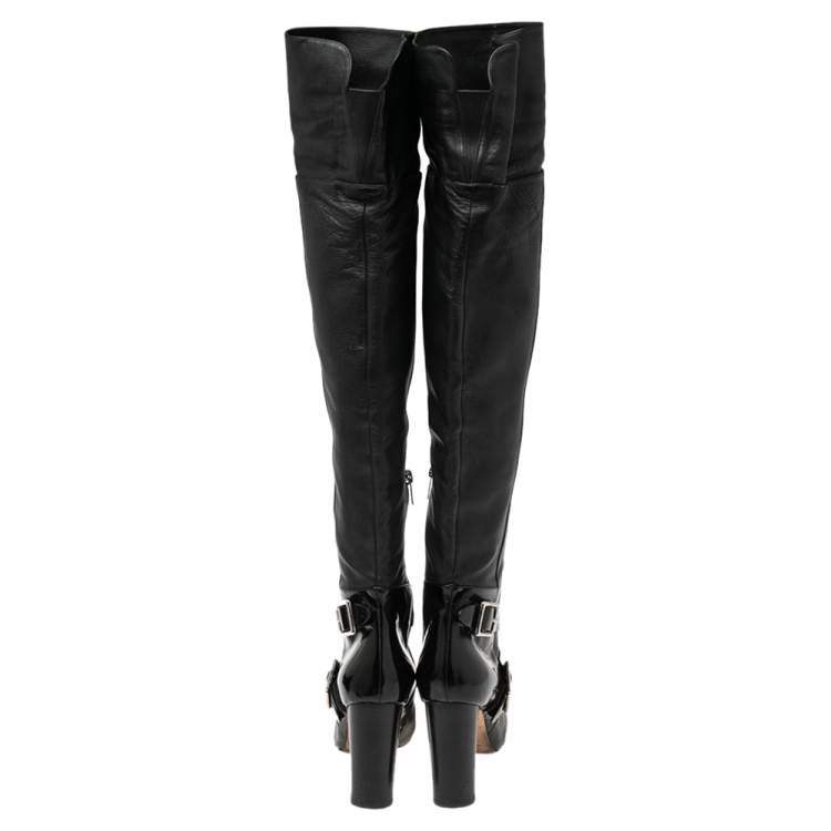 Pre Owned Jimmy Choo Black Leather Knee Length Pointed Toe Boots Size 38.5