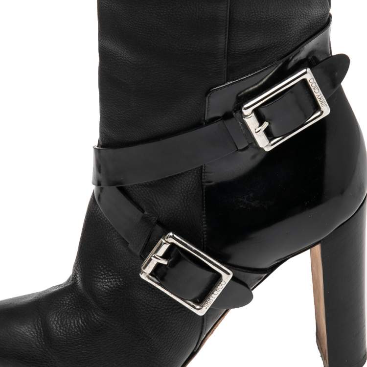 Pre Owned Jimmy Choo Black Leather Knee Length Pointed Toe Boots Size 38.5