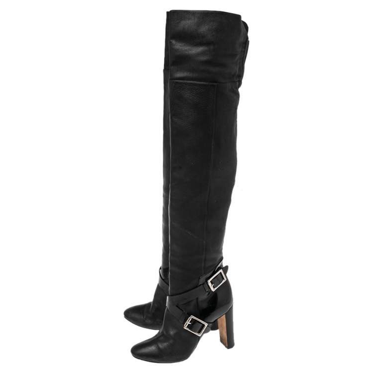 Pre Owned Jimmy Choo Black Leather Knee Length Pointed Toe Boots Size 38.5