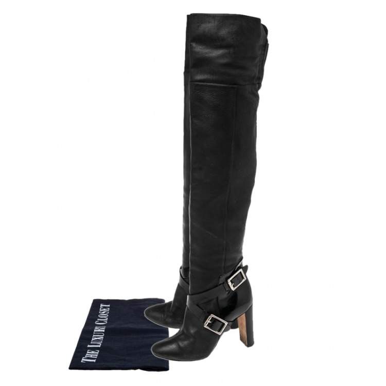 Pre Owned Jimmy Choo Black Leather Knee Length Pointed Toe Boots Size 38.5