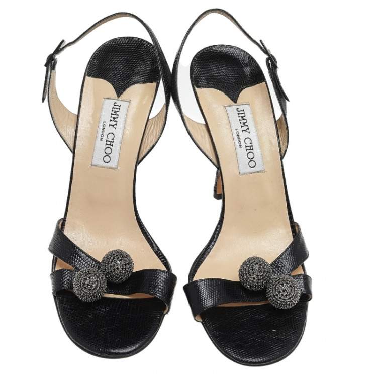 Pre Owned Jimmy Choo Black Lizard Embossed Leather Embellished Slingback Sandals Size 40