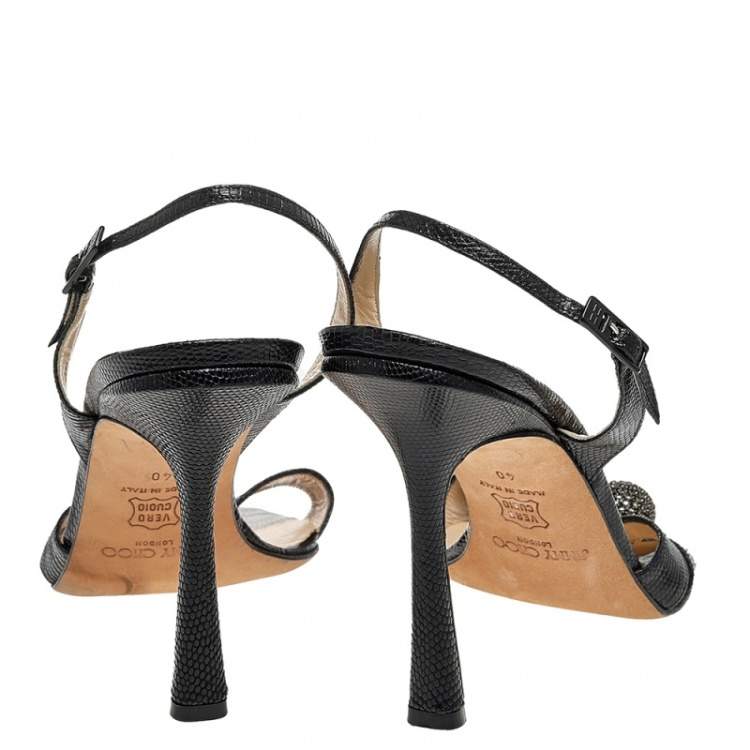 Pre Owned Jimmy Choo Black Lizard Embossed Leather Embellished Slingback Sandals Size 40