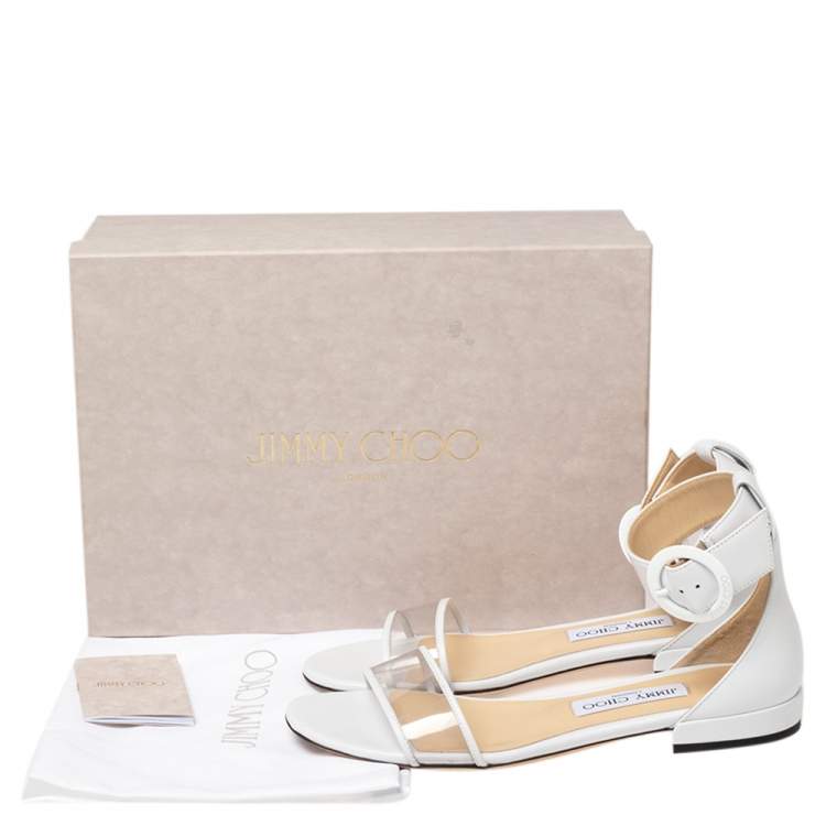 Pre Owned Jimmy Choo White Leather And PVC Jaimie Ankle Strap Flats Size 38