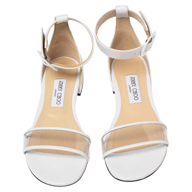 Pre Owned Jimmy Choo White Leather And PVC Jaimie Ankle Strap Flats Size 38