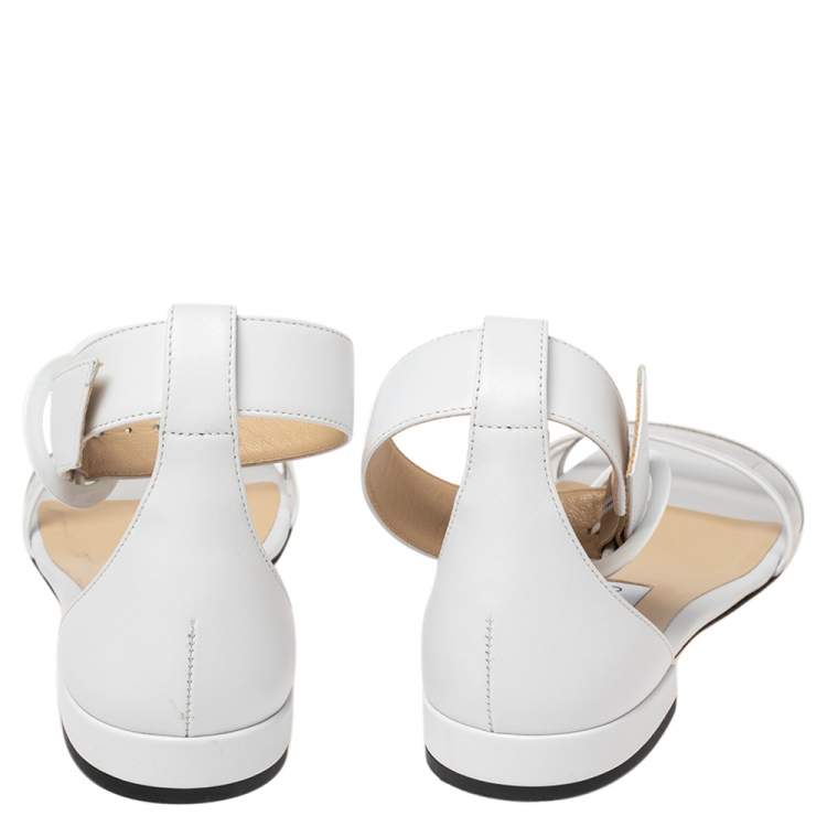 Pre Owned Jimmy Choo White Leather And PVC Jaimie Ankle Strap Flats Size 38