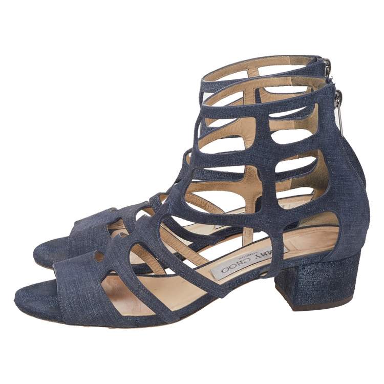 Pre Owned Jimmy Choo Navy Blue Fabric Ren 35 Caged Block Heel Sandals Size 38.5