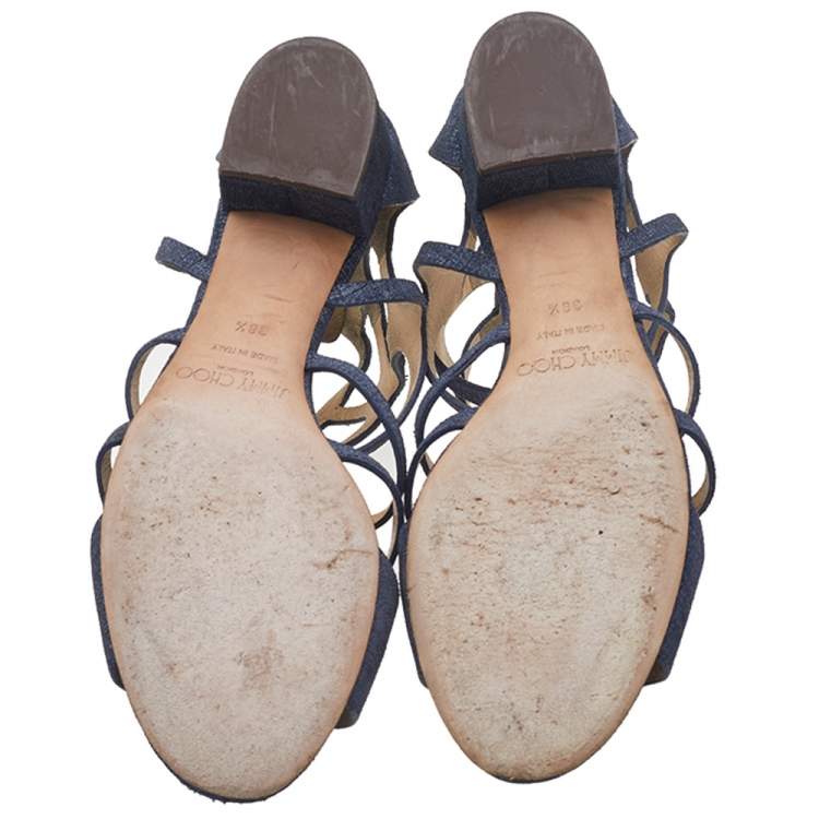 Pre Owned Jimmy Choo Navy Blue Fabric Ren 35 Caged Block Heel Sandals Size 38.5