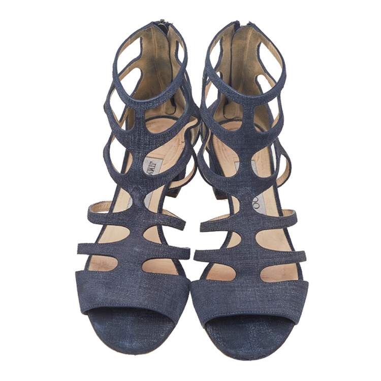 Pre Owned Jimmy Choo Navy Blue Fabric Ren 35 Caged Block Heel Sandals Size 38.5