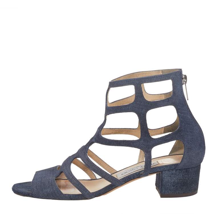 Pre Owned Jimmy Choo Navy Blue Fabric Ren 35 Caged Block Heel Sandals Size 38.5