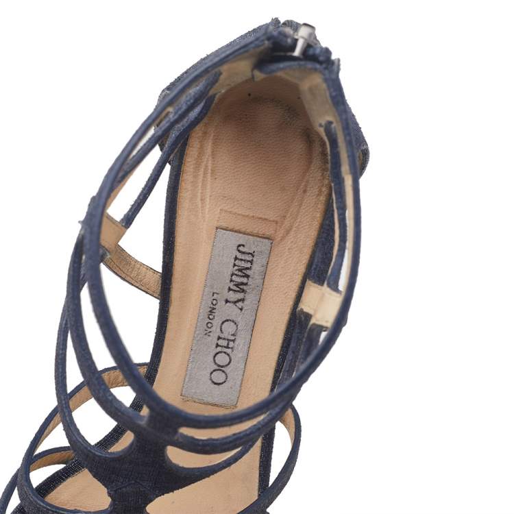 Pre Owned Jimmy Choo Navy Blue Fabric Ren 35 Caged Block Heel Sandals Size 38.5
