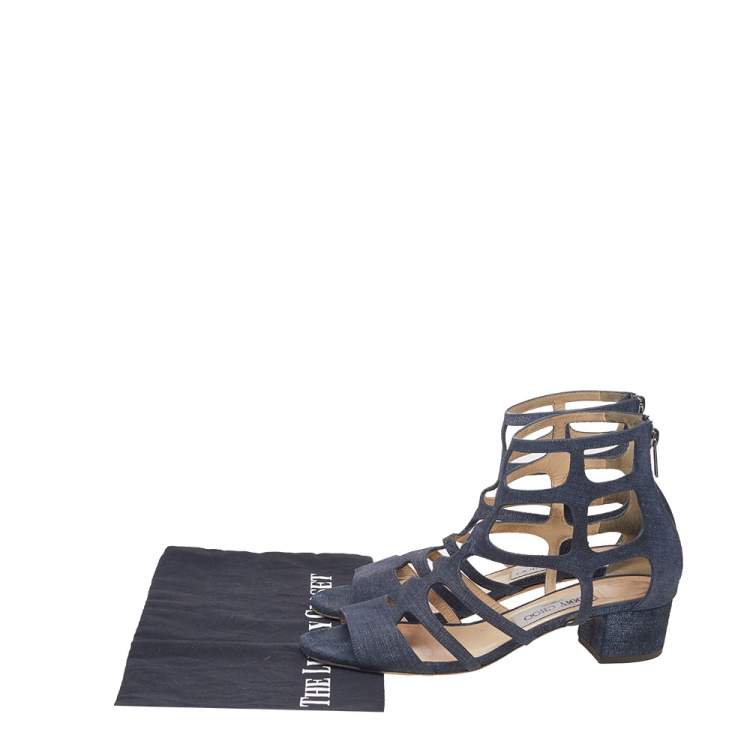 Pre Owned Jimmy Choo Navy Blue Fabric Ren 35 Caged Block Heel Sandals Size 38.5