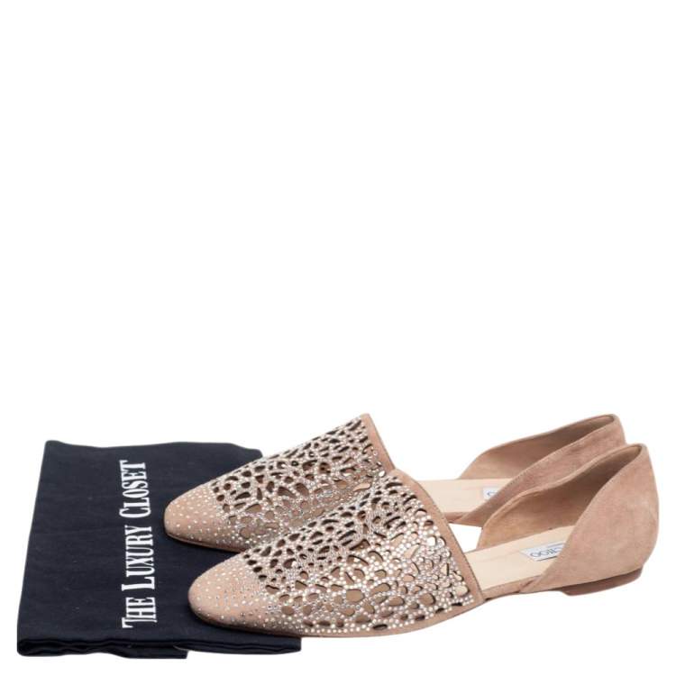 Pre Owned Jimmy Choo Beige Suede Embellished Flats Size 40.5 
