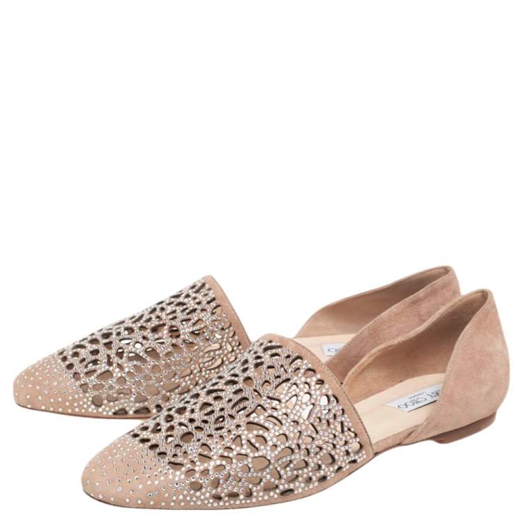 Pre Owned Jimmy Choo Beige Suede Embellished Flats Size 40.5 