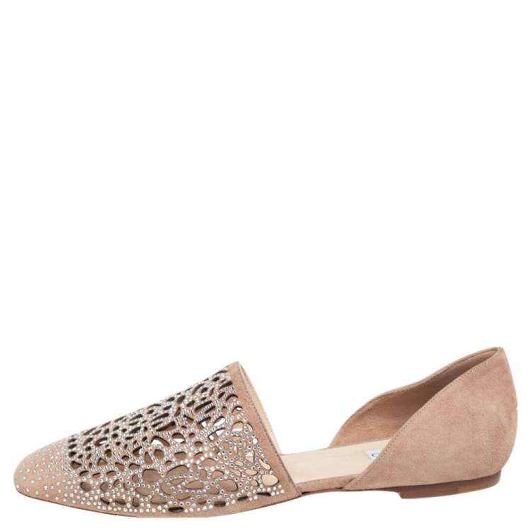 Pre Owned Jimmy Choo Beige Suede Embellished Flats Size 40.5 