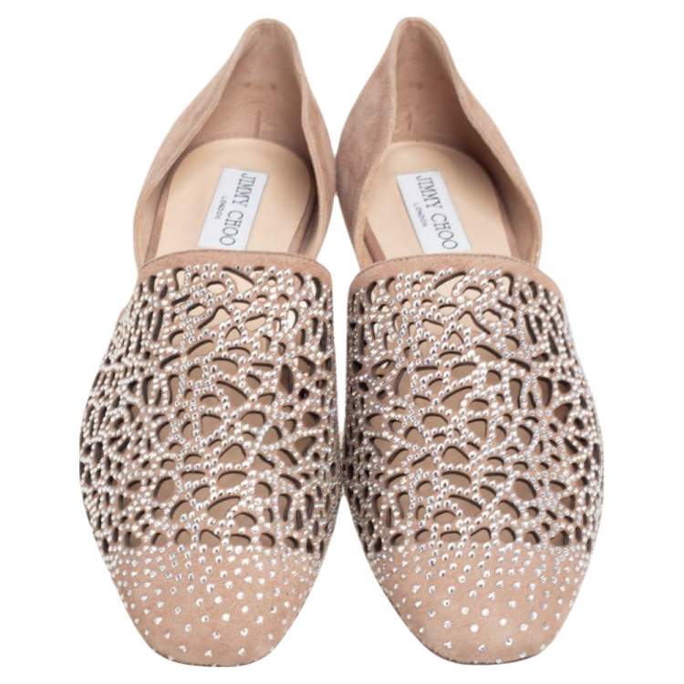 Pre Owned Jimmy Choo Beige Suede Embellished Flats Size 40.5 