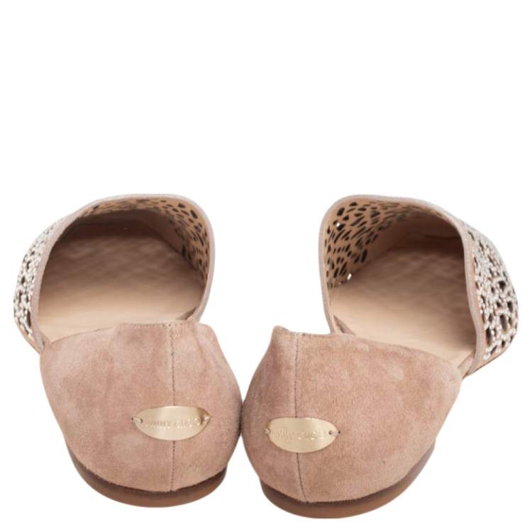 Pre Owned Jimmy Choo Beige Suede Embellished Flats Size 40.5 