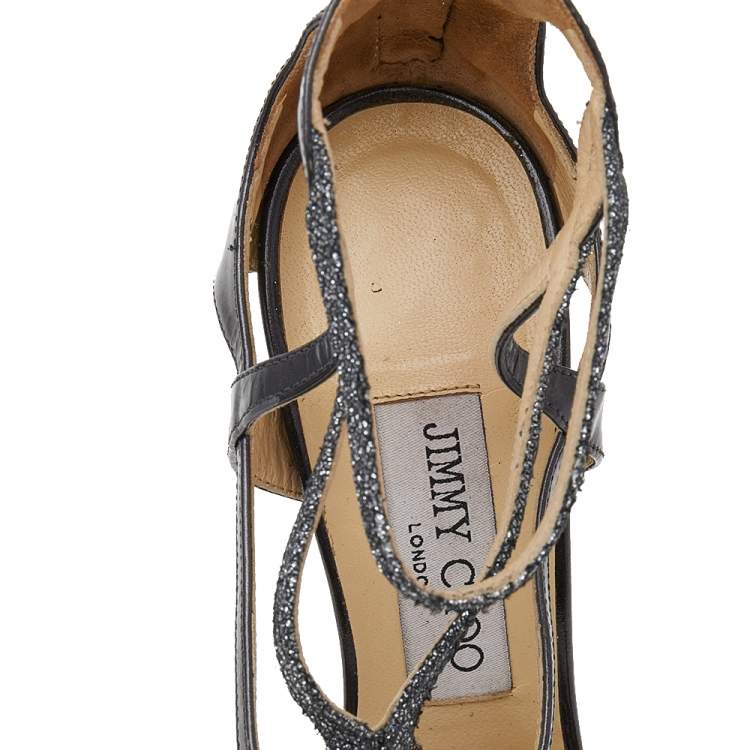 Pre Owned Jimmy Choo Metallic Grey Glitter And Leather Vermeil Strappy Sandals Size 36.5
