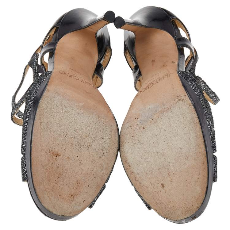 Pre Owned Jimmy Choo Metallic Grey Glitter And Leather Vermeil Strappy Sandals Size 36.5