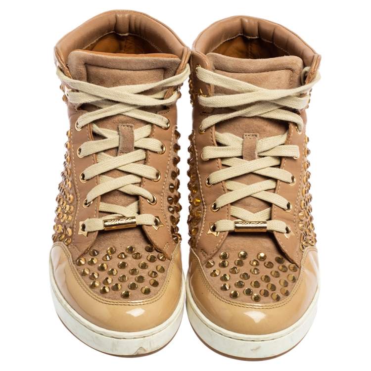 Pre Owned Jimmy Choo Beige Patent Leather and Leather Crystal Studded Tokyo High Top Sneakers Size 36