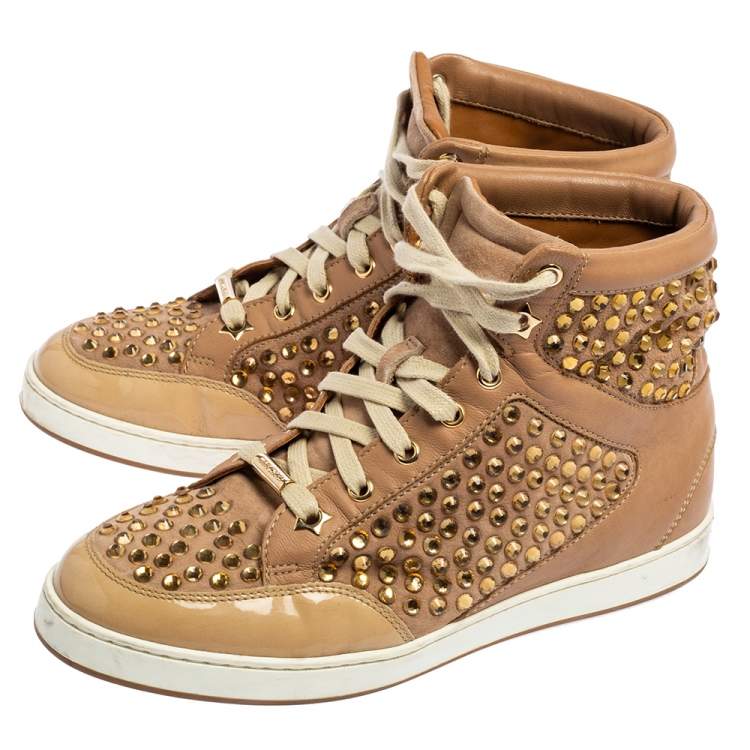 Pre Owned Jimmy Choo Beige Patent Leather and Leather Crystal Studded Tokyo High Top Sneakers Size 36