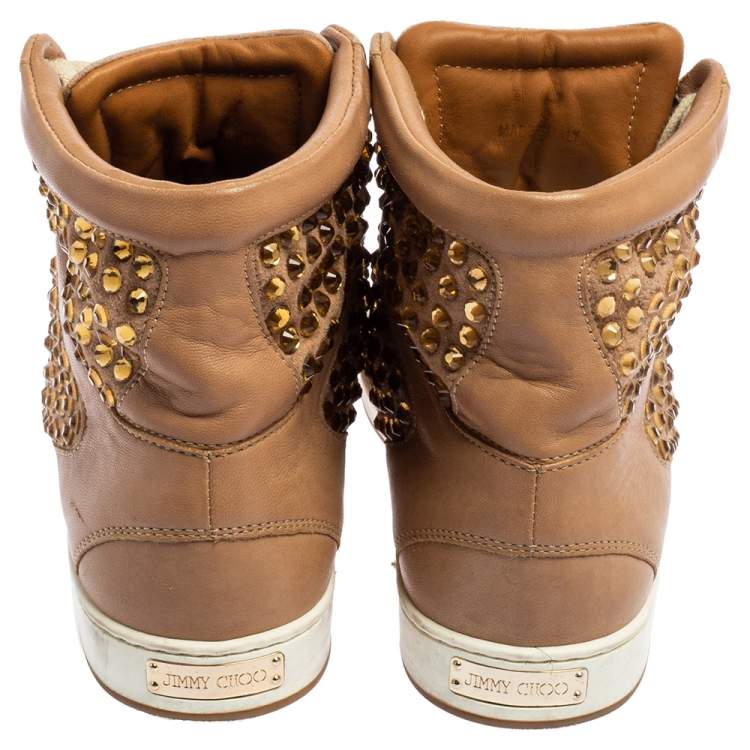 Pre Owned Jimmy Choo Beige Patent Leather and Leather Crystal Studded Tokyo High Top Sneakers Size 36