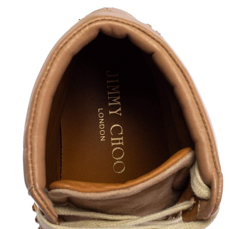 Pre Owned Jimmy Choo Beige Patent Leather and Leather Crystal Studded Tokyo High Top Sneakers Size 36