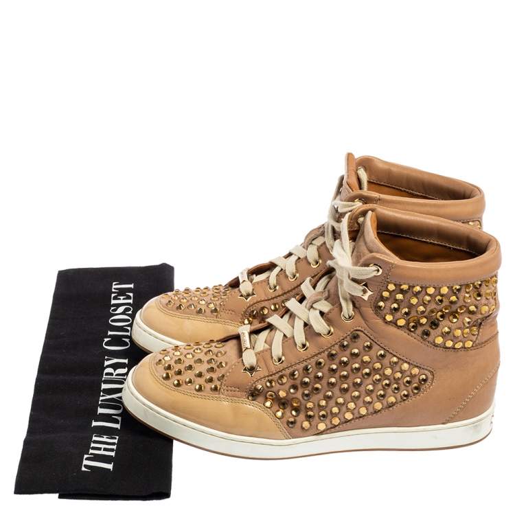 Pre Owned Jimmy Choo Beige Patent Leather and Leather Crystal Studded Tokyo High Top Sneakers Size 36