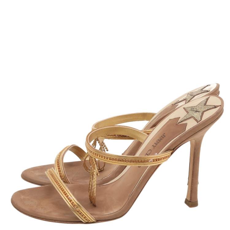 Pre Owned Jimmy Choo Brown/Gold Leather Embellished Sandals Size 38