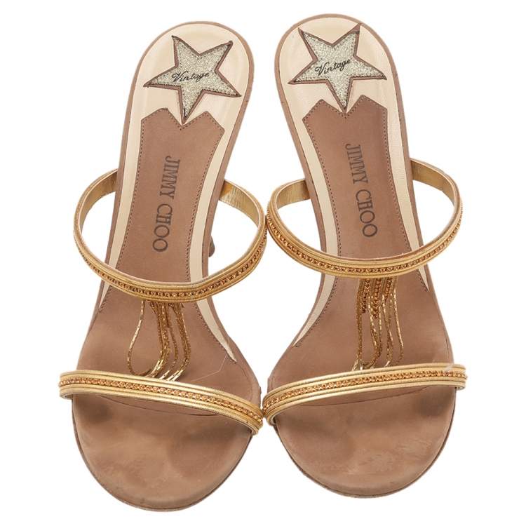 Pre Owned Jimmy Choo Brown/Gold Leather Embellished Sandals Size 38