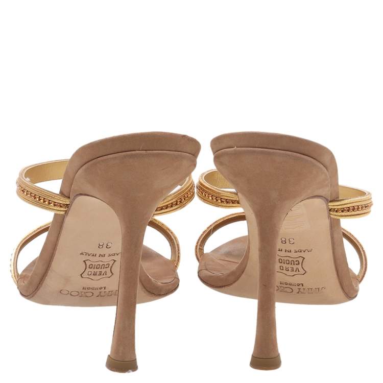 Pre Owned Jimmy Choo Brown/Gold Leather Embellished Sandals Size 38