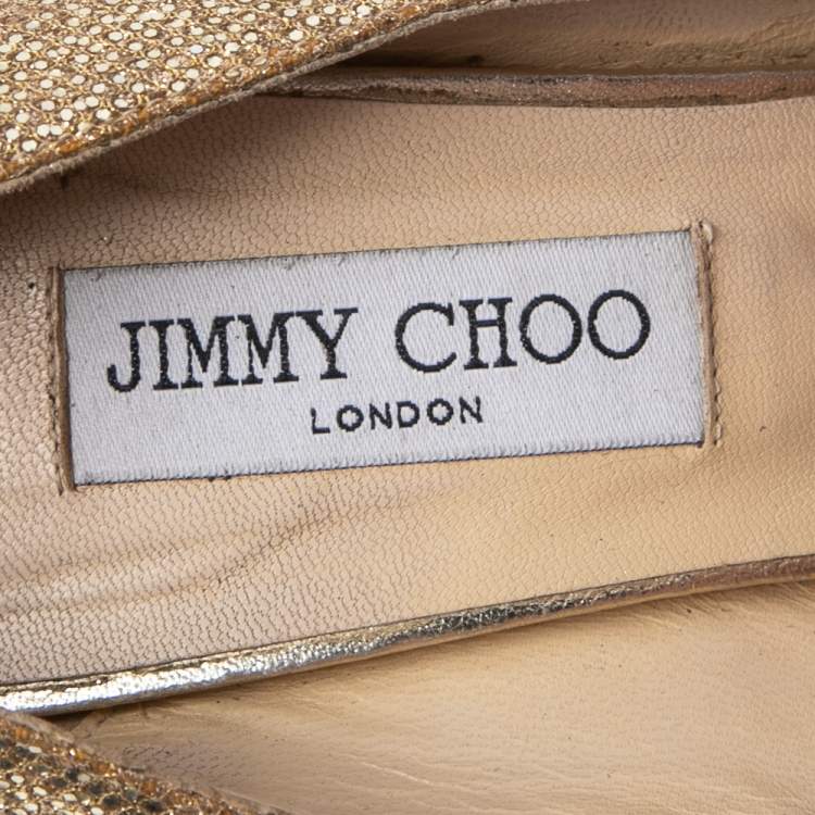 Pre Owned Jimmy Choo Metallic Gold Glitter Fabric Baxen Peep Toe Wedges Pumps Size 40