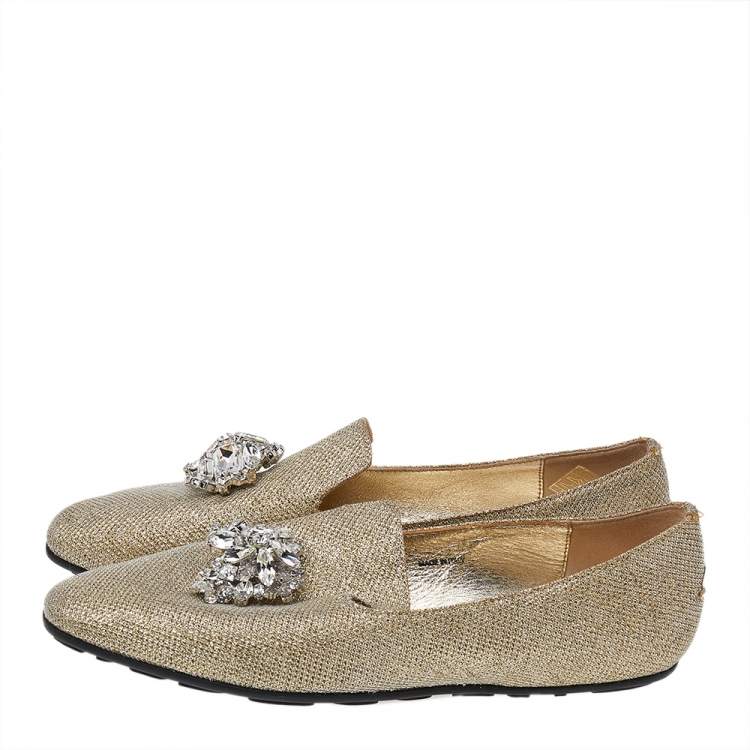 Pre Owned Jimmy Choo Gold Lamé Crystal Embellished Gayne Ballet Flats Size 37