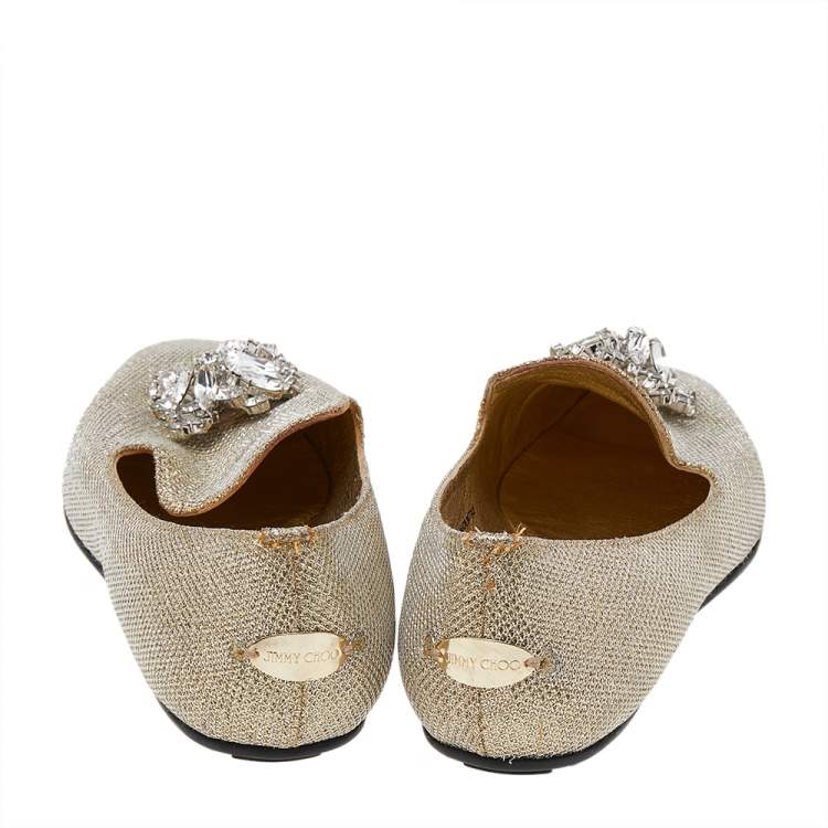 Pre Owned Jimmy Choo Gold Lamé Crystal Embellished Gayne Ballet Flats Size 37