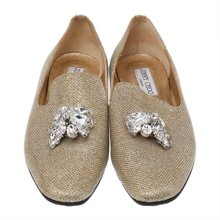 Pre Owned Jimmy Choo Gold Lamé Crystal Embellished Gayne Ballet Flats Size 37